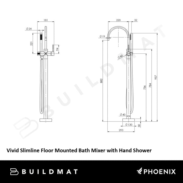 Phoenix Vivid Slimline Floor Mounted Bath Mixer with Hand Shower Brushed Gold
