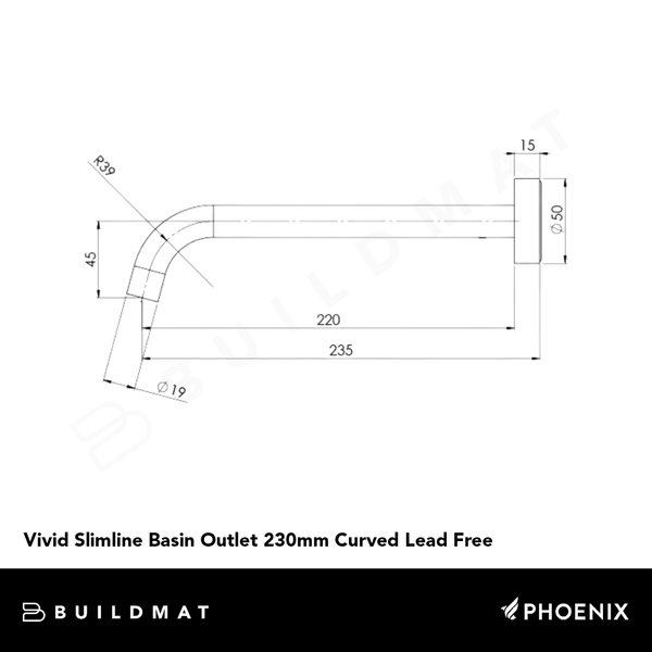 Phoenix Vivid Slimline Basin Outlet 230mm Curved Lead Free Brushed Carbon