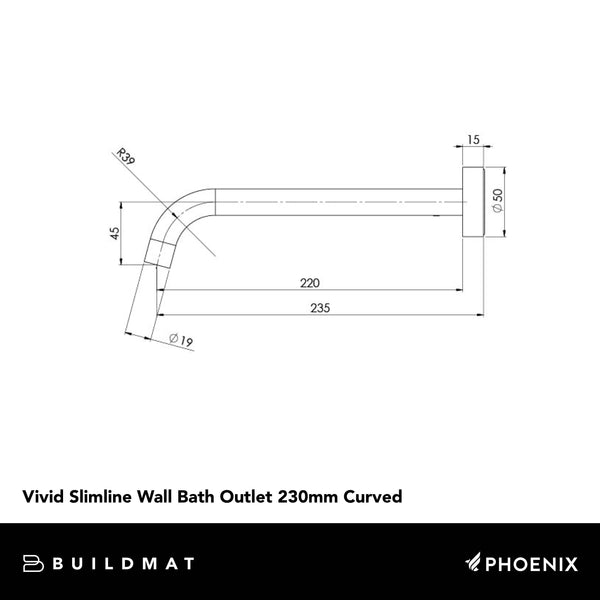 Phoenix Vivid Slimline Bath Outlet 230mm Curved Lead Free Brushed Nickel