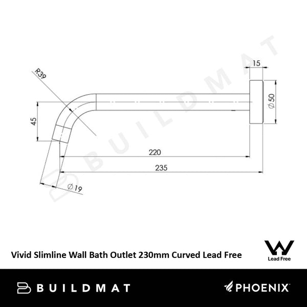 Phoenix Vivid Slimline Bath Outlet 230mm Curved Brushed Gold Lead Free