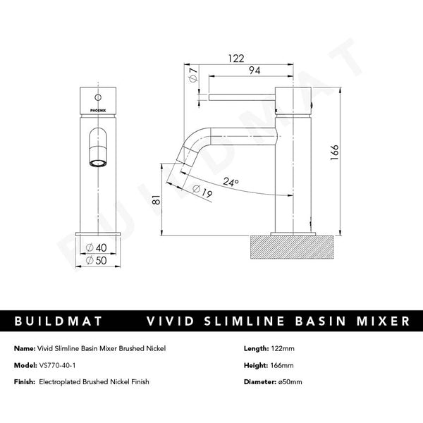 Phoenix Vivid Slimline Basin Mixer Lead Free Brushed Nickel