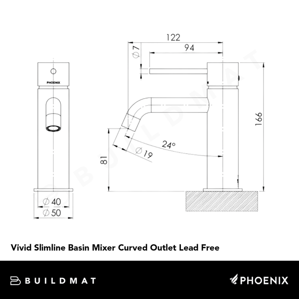 Phoenix Vivid Slimline Basin Mixer Curved Outlet Lead Free Brushed Nickel