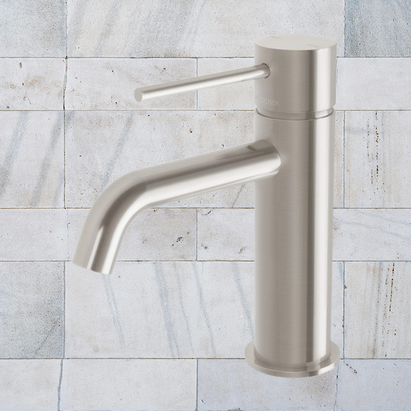 Phoenix Vivid Slimline Basin Mixer Curved Outlet Lead Free Brushed Nickel