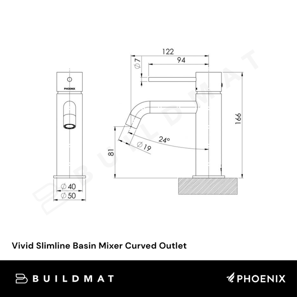 Phoenix Vivid Slimline Basin Mixer Curved Outlet Brushed Gold Lead Free