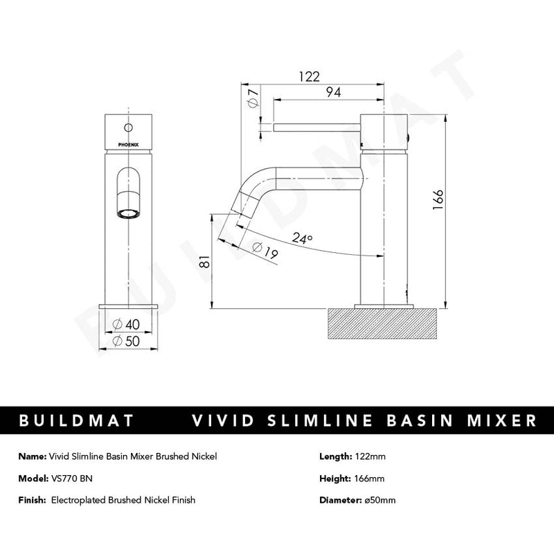 Vivid Slimline Basin Mixer Curved Outlet Brushed Nickel