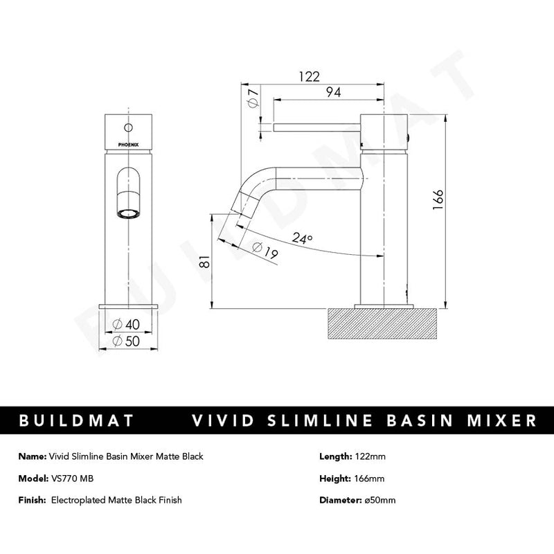 Vivid Slimline Basin Mixer Curved Outlet Matte Black