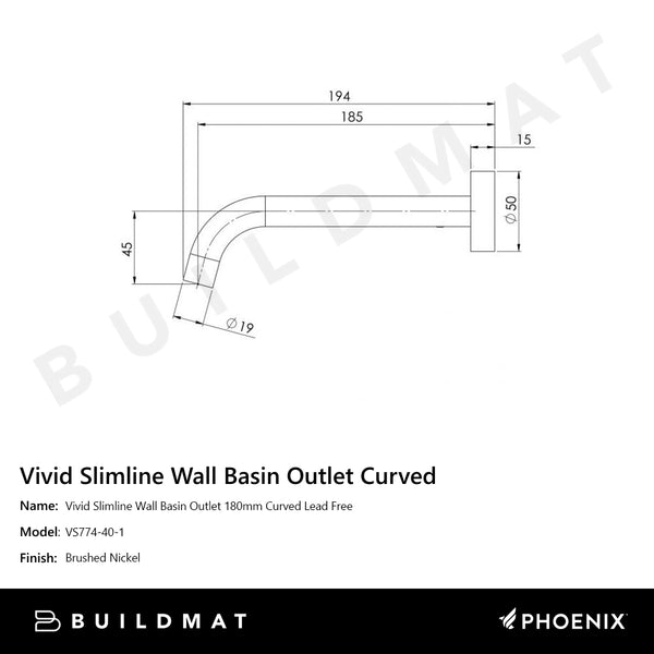 Phoenix Vivid Slimline Wall Basin Outlet 180mm Curved Lead Free Brushed Nickel