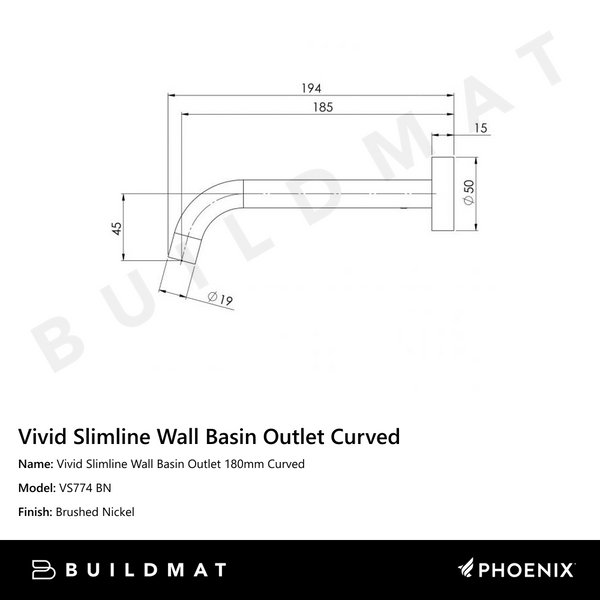 Phoenix Vivid Slimline Wall Basin Outlet 180mm Curved Brushed Nickel
