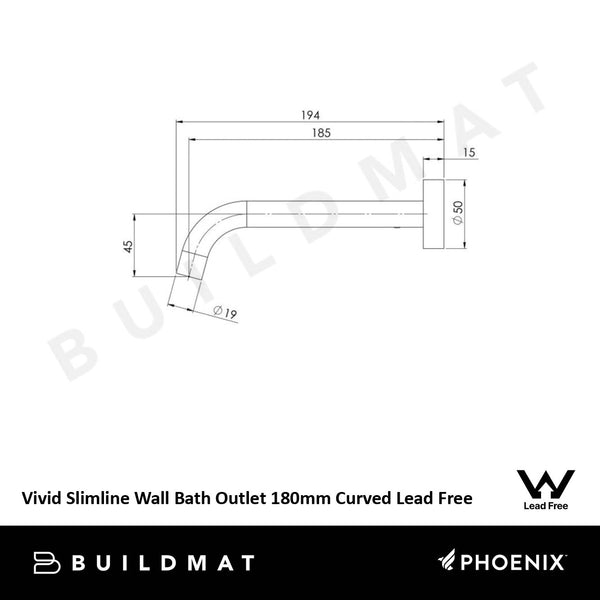Phoenix Vivid Slimline Wall Bath Outlet 180mm Curved Brushed Nickel Lead Free