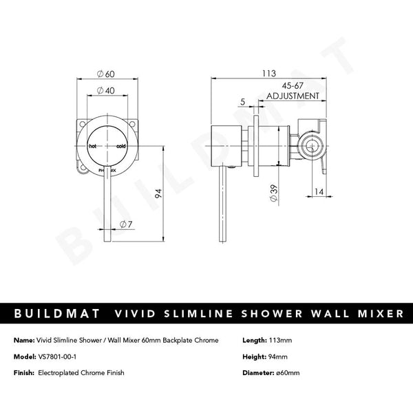Phoenix Vivid Slimline SwitchMix Shower / Wall Mixer 60mm Backplate Chrome Lead Free