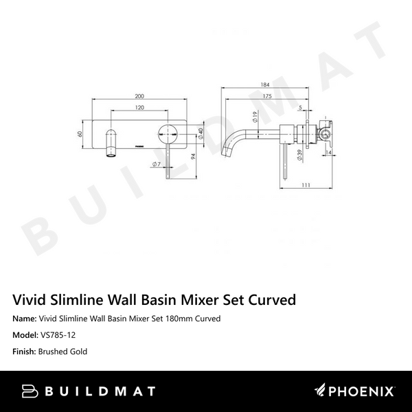 Phoenix Vivid Slimline Wall Basin Mixer Set 180mm Curved Brushed Gold