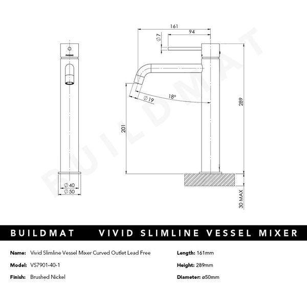 Phoenix Vivid Slimline Vessel Mixer Curved Outlet Lead Free Brushed Nickel