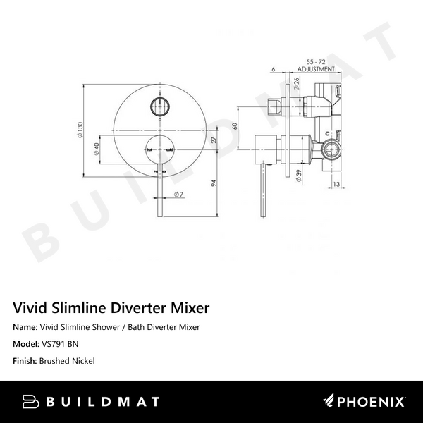 Phoenix Vivid Slimline Shower / Bath Diverter Mixer Brushed Nickel