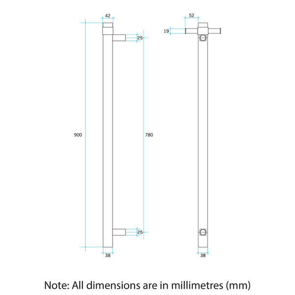 Thermogroup 12V Straight Round Vertical Single Heated Towel Rail Polished Stainless Steel