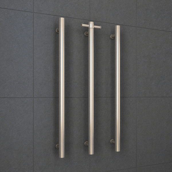 Straight Round Vertical Single Heated Towel Rail Brushed Nickel
