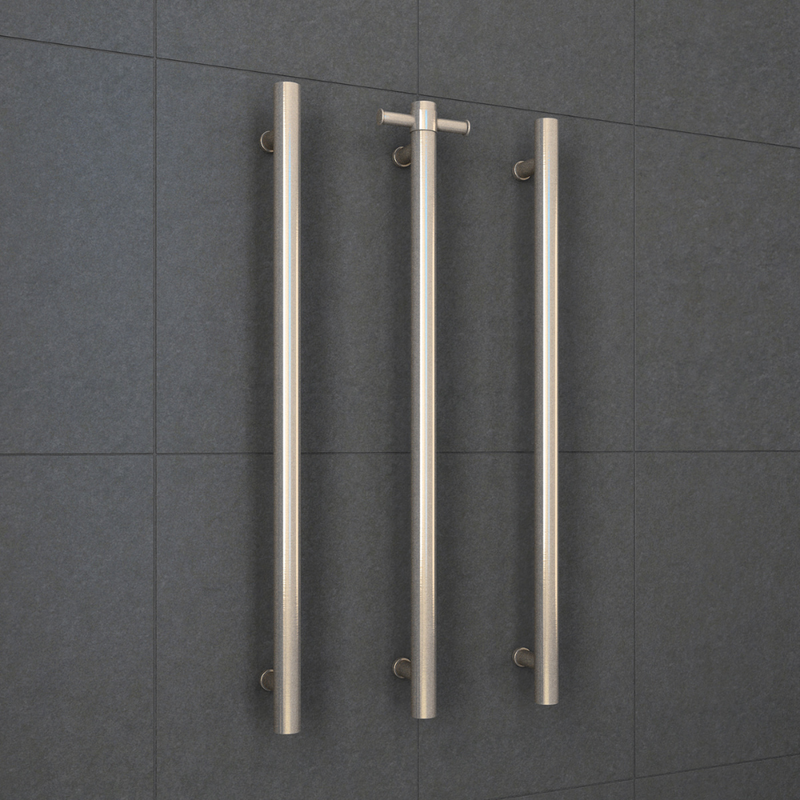 Straight Round Vertical Single Heated Towel Rail Brushed Nickel