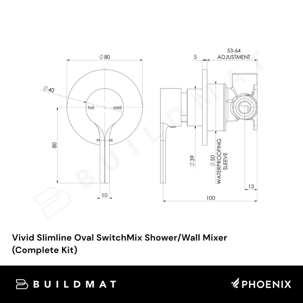 Phoenix Vivid Slimline Oval SwitchMix Shower/Wall Mixer (Complete Kit) Matte Black Lead Free