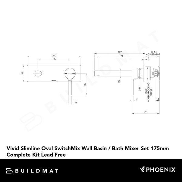 Phoenix Vivid Slimline Oval SwitchMix Wall Basin / Bath Mixer Set 175mm (Complete Kit) Lead Free Chrome