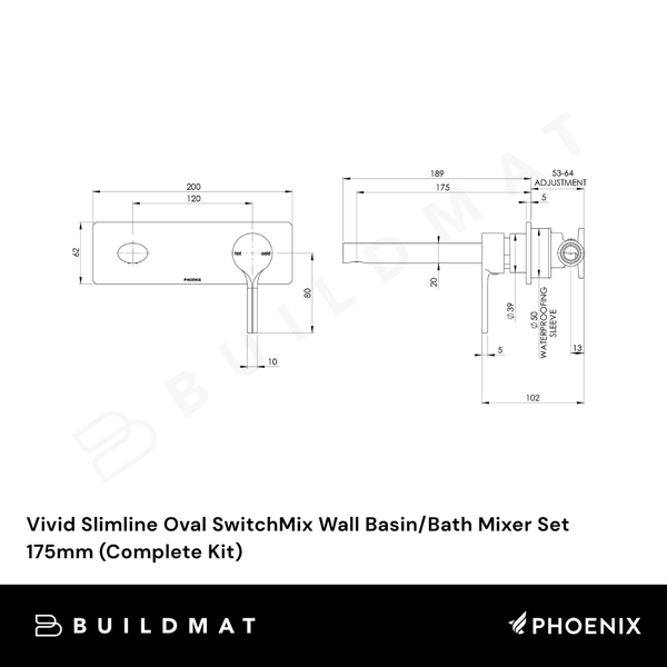Phoenix Vivid Slimline Oval SwitchMix Wall Basin/Bath Mixer Set 175mm (Complete Kit) Matte Black Lead Free