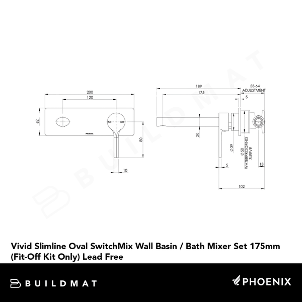 Phoenix Vivid Slimline Oval SwitchMix Wall Basin / Bath Mixer Set 175mm (Fit-Off Kit Only) Lead Free Chrome
