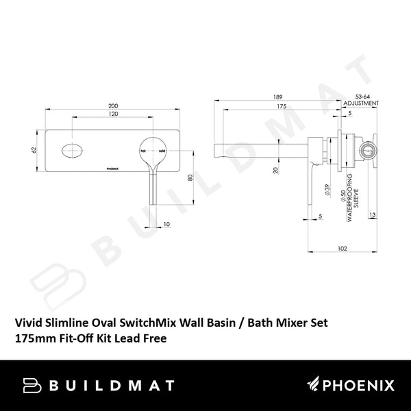 Phoenix Vivid Slimline Oval SwitchMix Wall Basin / Bath Mixer Set 175mm Fit-Off Kit Brushed Nickel Lead Free
