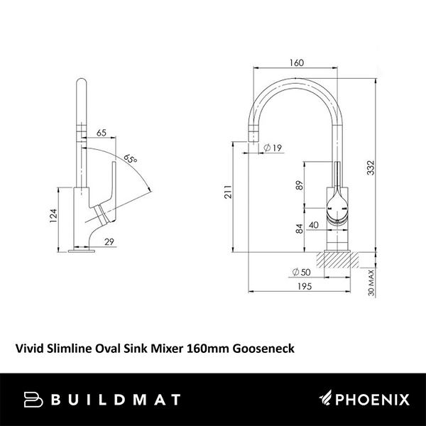 Phoenix Vivid Slimline Oval Sink Mixer 160mm Gooseneck Lead Free Brushed Nickel