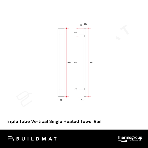 Thermogroup Triple Tube Vertical Single Heated Towel Rail Polished Stainless Steel