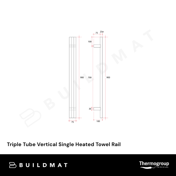 Thermogroup Triple Tube Vertical Single Heated Towel Rail Matt Black