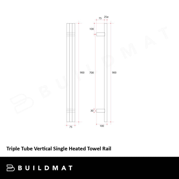 Thermogroup Brushed Nickel Triple Tube Vertical Single Heated Towel Rail