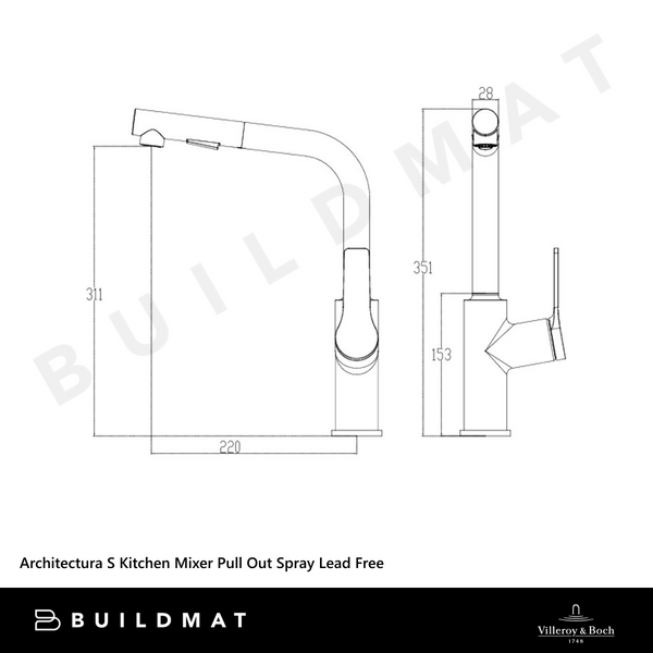 Villeroy & Boch Architectura S Kitchen Mixer Pull Out Spray Chrome Lead Free