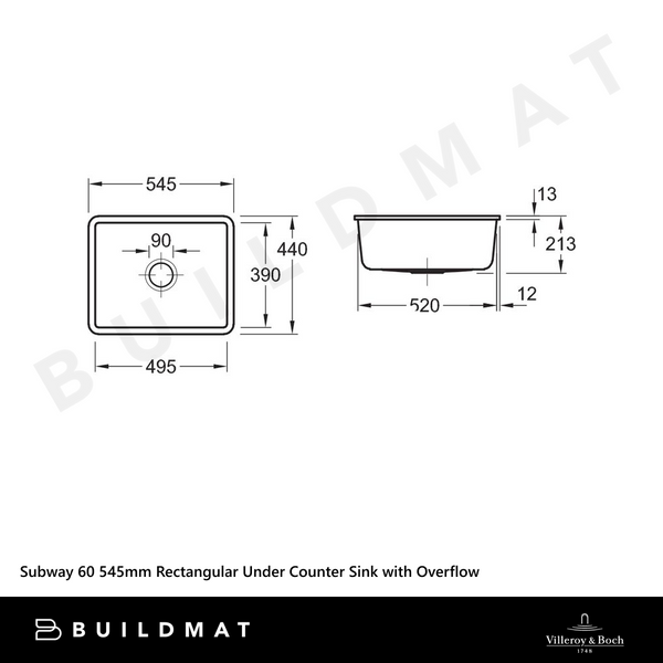 Villeroy & Boch Subway 60 545mm Rectangular Under Counter Sink with Overflow Alpine White