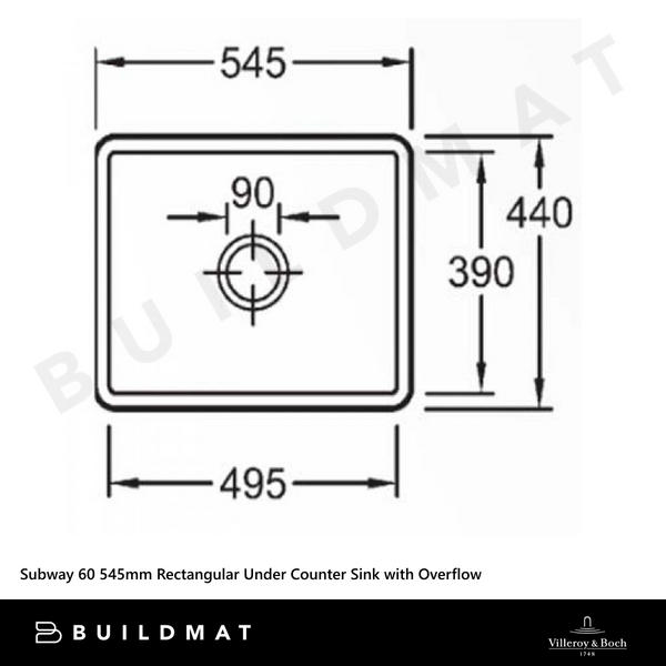 Villeroy & Boch Subway 60 545mm Rectangular Under Counter Sink with Overflow Stone White