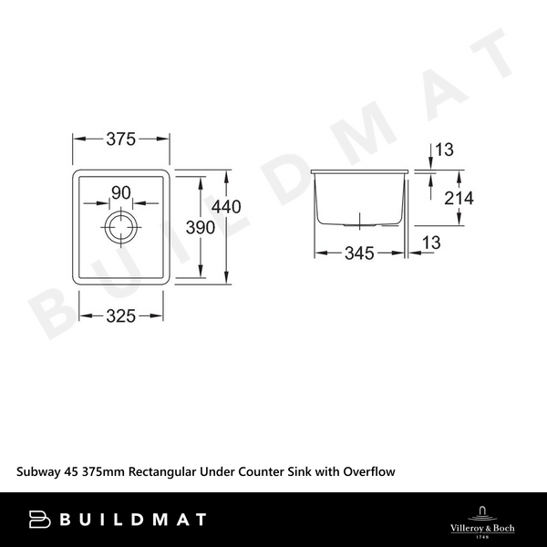 Villeroy & Boch Subway 45 375mm Rectangular Under Counter Sink with Overflow Alpine White