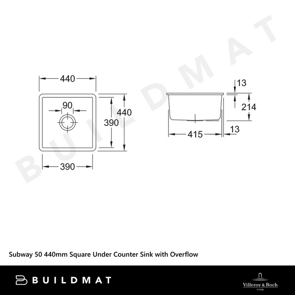 Villeroy & Boch Subway 50 440mm Square Under Counter Sink with Overflow Alpine White