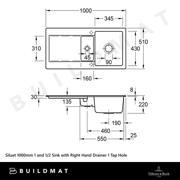 Villeroy & Boch Siluet 1000mm 1 and 1/2 Sink with Right Hand Drainboard 1 Tap Hole Alpine White