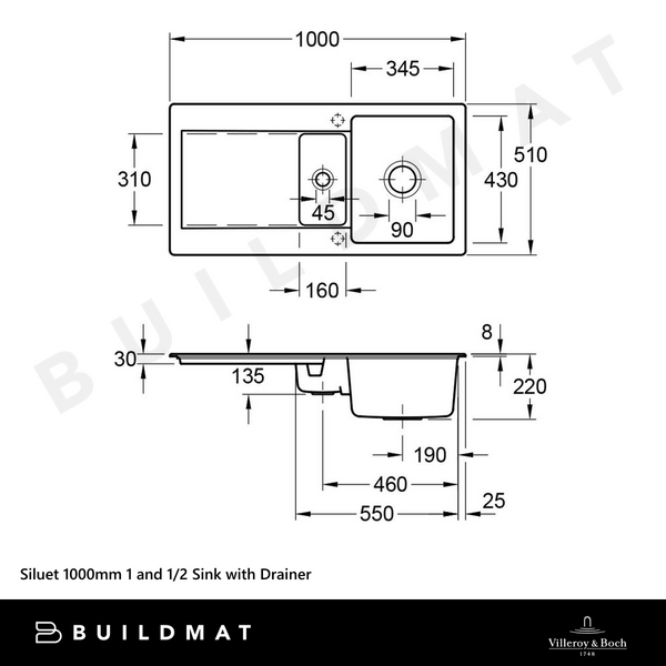 Villeroy & Boch Siluet 1000mm 1 and 1/2 Sink with Right Hand Drainboard Pure Black