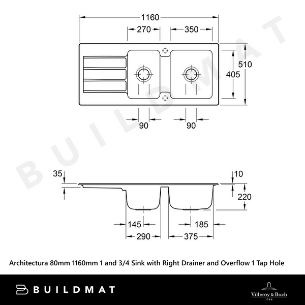 Villeroy & Boch Architectura 80mm 1160mm 1 and 3/4 Sink with Right Hand Drainboard and Overflow 1 Tap Hole Pure Black
