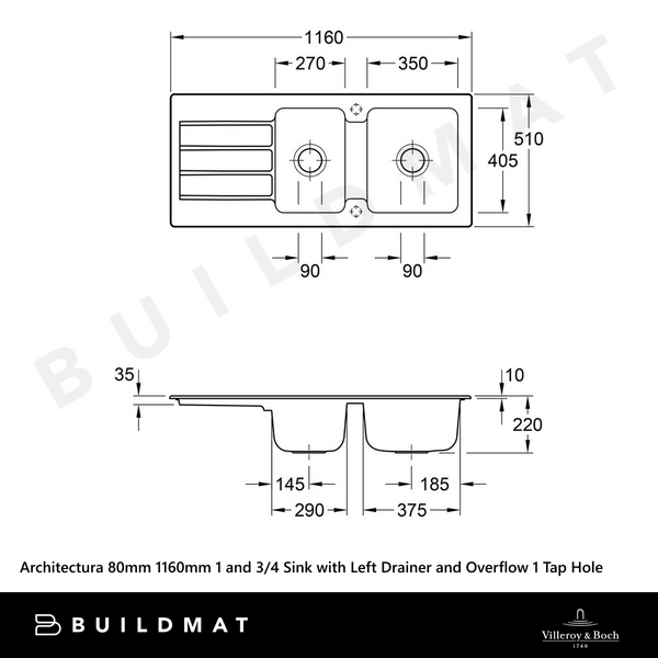 Villeroy & Boch Architectura 80mm 1160mm 1 and 3/4 Sink with Left Hand Drainboard and Overflow 1 Tap Hole Pure Black