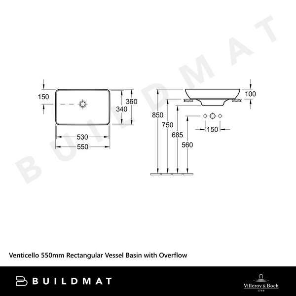 Villeroy & Boch Venticello 550mm Rectangular Vessel Basin with Overflow Alpine White