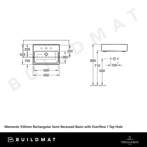 Villeroy & Boch Memento 550mm Rectangular Semi Recessed Basin with Overflow 1 Tap Hole Alpine White