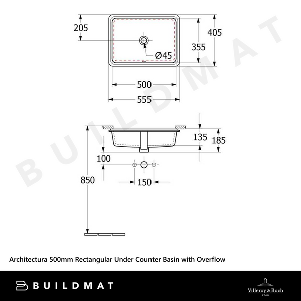 Villeroy & Boch Architectura 500mm Rectangular Under Counter Basin with Overflow Alpine White