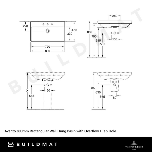 Villeroy & Boch Avento 800mm Rectangular Wall Hung Basin with Overflow 1 Tap Hole Alpine White