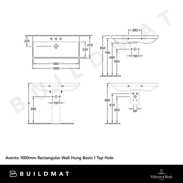 Villeroy & Boch Avento 1000mm Rectangular Wall Hung Basin 1 Tap Hole Alpine White