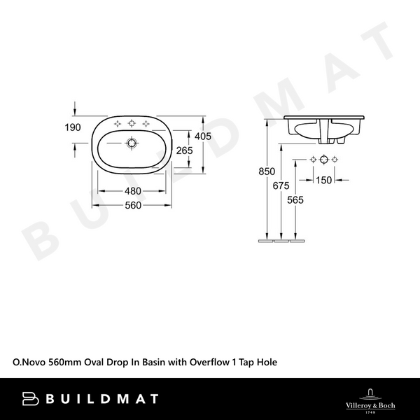 Villeroy & Boch O.Novo 560mm Oval Drop In Basin with Overflow 1 Tap Hole Alpine White