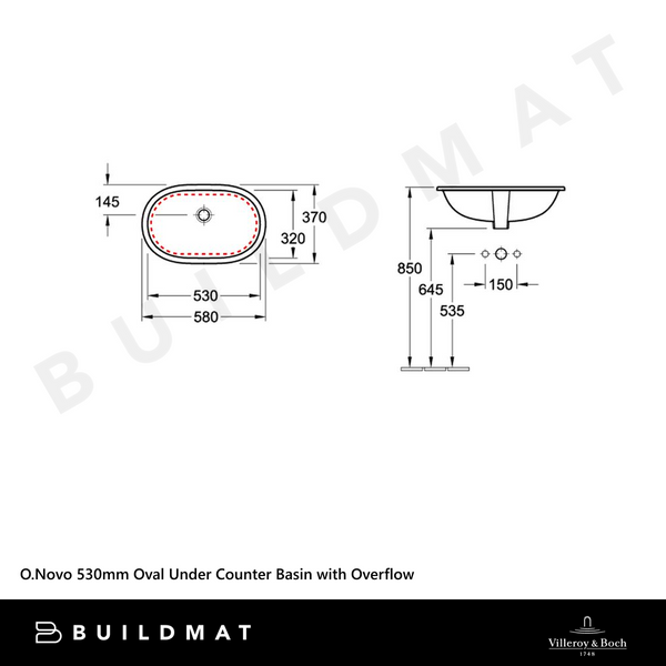 Villeroy & Boch O.Novo 530mm Oval Under Counter Basin with Overflow Alpine White