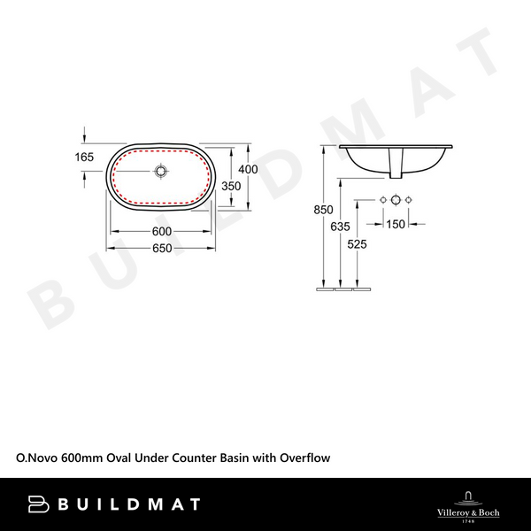 Villeroy & Boch O.Novo 600mm Oval Under Counter Basin with Overflow Alpine White