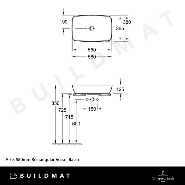 Villeroy & Boch Artis 580mm Rectangular Vessel Basin Alpine White