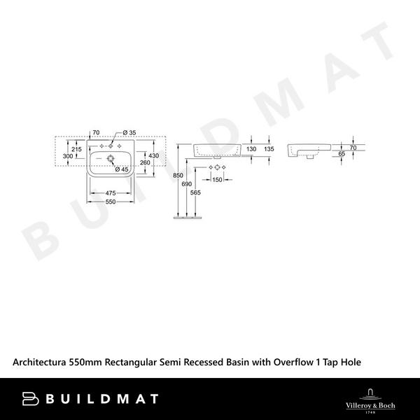 Villeroy & Boch Architectura 550mm Rectangular Semi Recessed Basin with Overflow 1 Tap Hole Alpine White