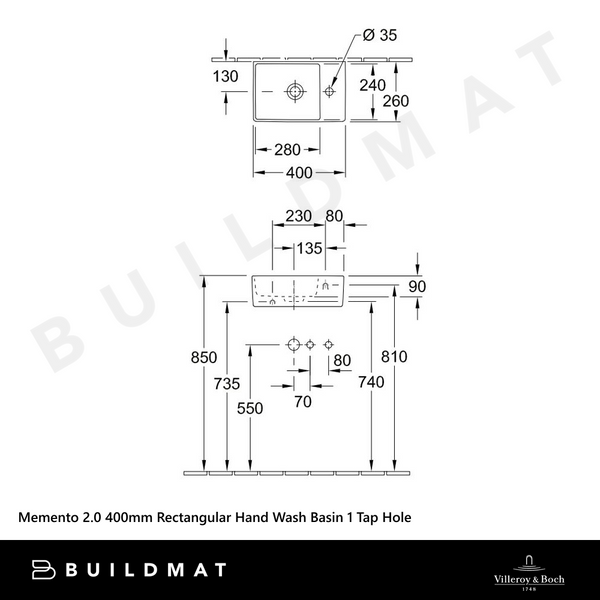 Villeroy & Boch Memento 2.0 400mm Rectangular Hand Wash Basin 1 Tap Hole Alpine White