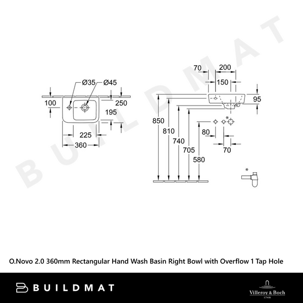 Villeroy & Boch O.Novo 2.0 360mm Rectangular Hand Wash Basin Right Bowl with Overflow 1 Tap Hole Alpine White